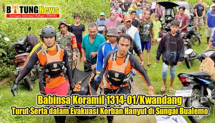 Babinsa Koramil 1314-01/Kwandang Turut Serta dalam Evakuasi Korban Hanyut di Sungai Bualemo