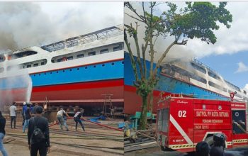 Respons Cepat Polres Bitung Amankan Lokasi Kebakaran Kapal Uki Raya 23